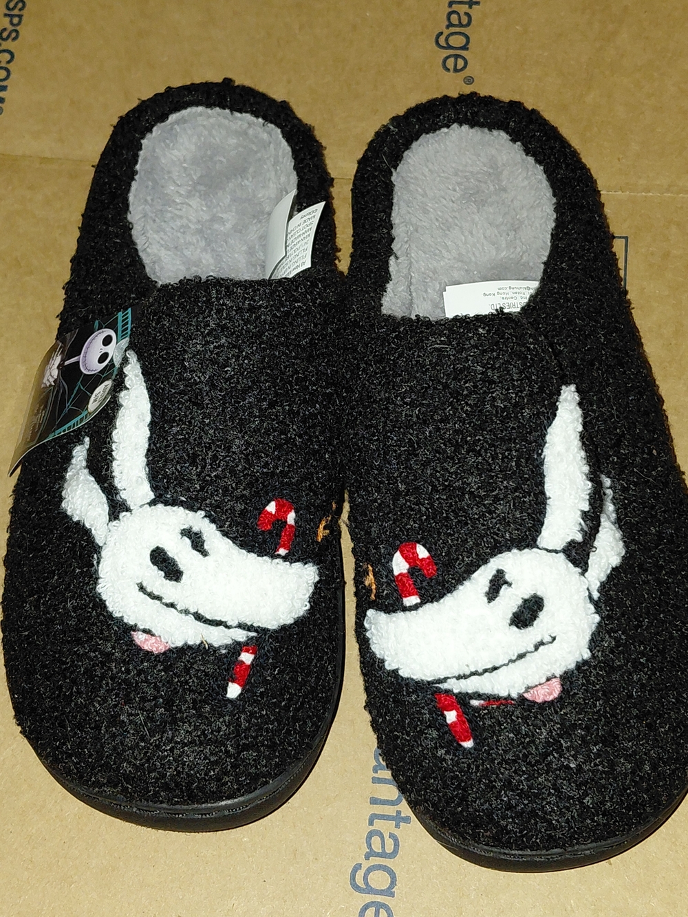 Disney NBC Black & White Plush Adult Slip-On Slippers with Candy Cane Character